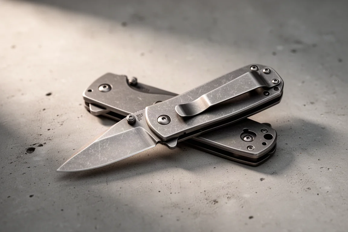 Stonewashed titanium folding knife closed on a matte concrete surface