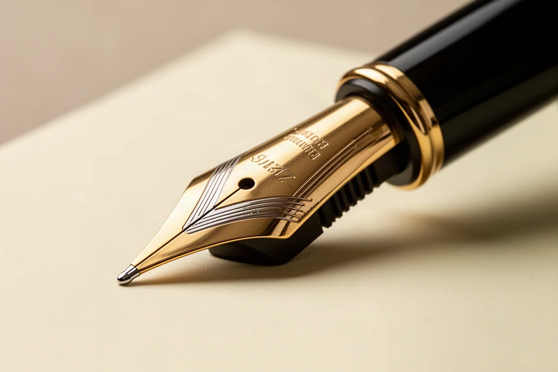 Close-up of an oversized fountain pen nib on a desk next to writing paper
