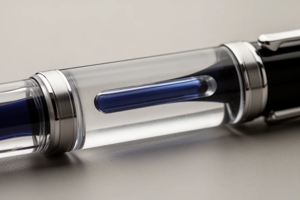 Fountain pen barrel showing an ink window filled with dark blue ink