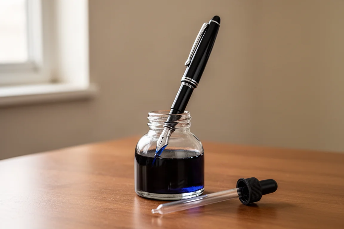 Large fountain pen barrel being filled from a bottle of blue ink