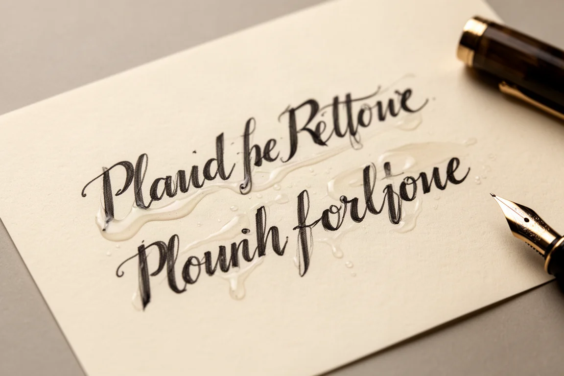 Two lines of broad fountain pen handwriting on absorbent cream paper
