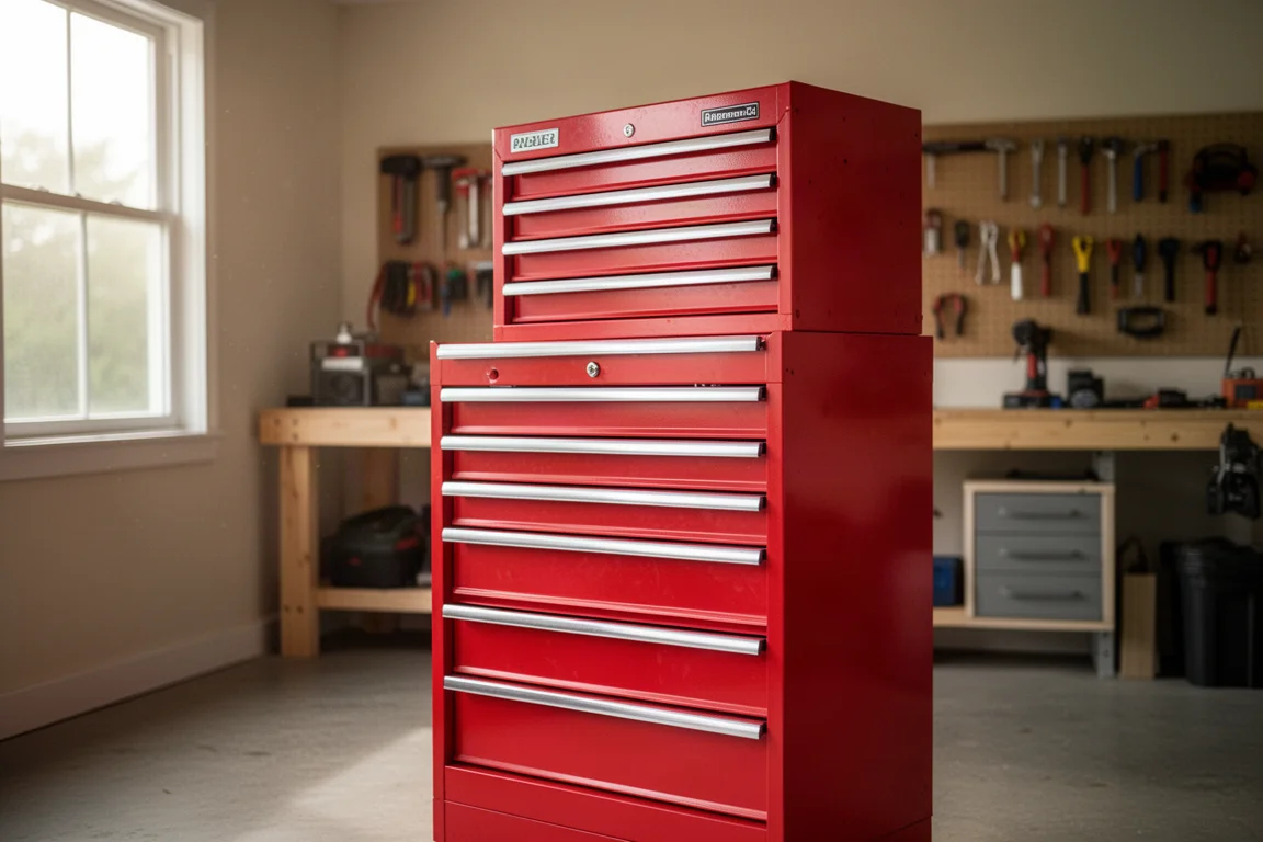 Roter 9-Schubladen-Werkzeugschrank in einer aufgeräumten Heimwerkstatt