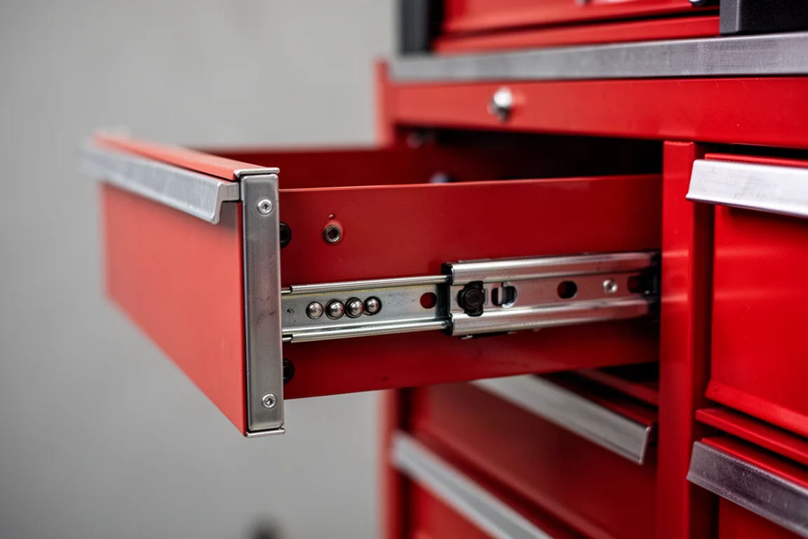 Nahaufnahme einer teilweise geöffneten Schubladenausziehung an einem Werkzeugschrank