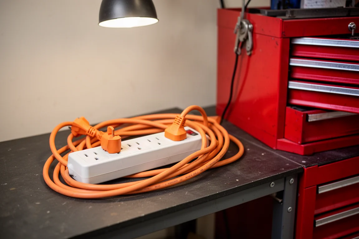 Mehrfachsteckdose und Werkzeugkabel auf einer Werkbank neben einem Werkzeugschrank