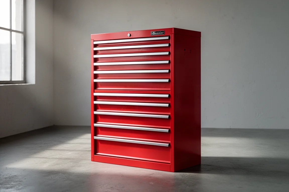 Red Big Red 9-drawer tool chest and cabinet on a workshop floor