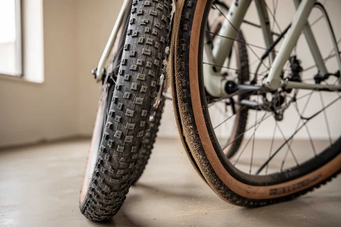 Primer plano de un neumático gravel ancho y con tacos montado en el triángulo trasero de una bici