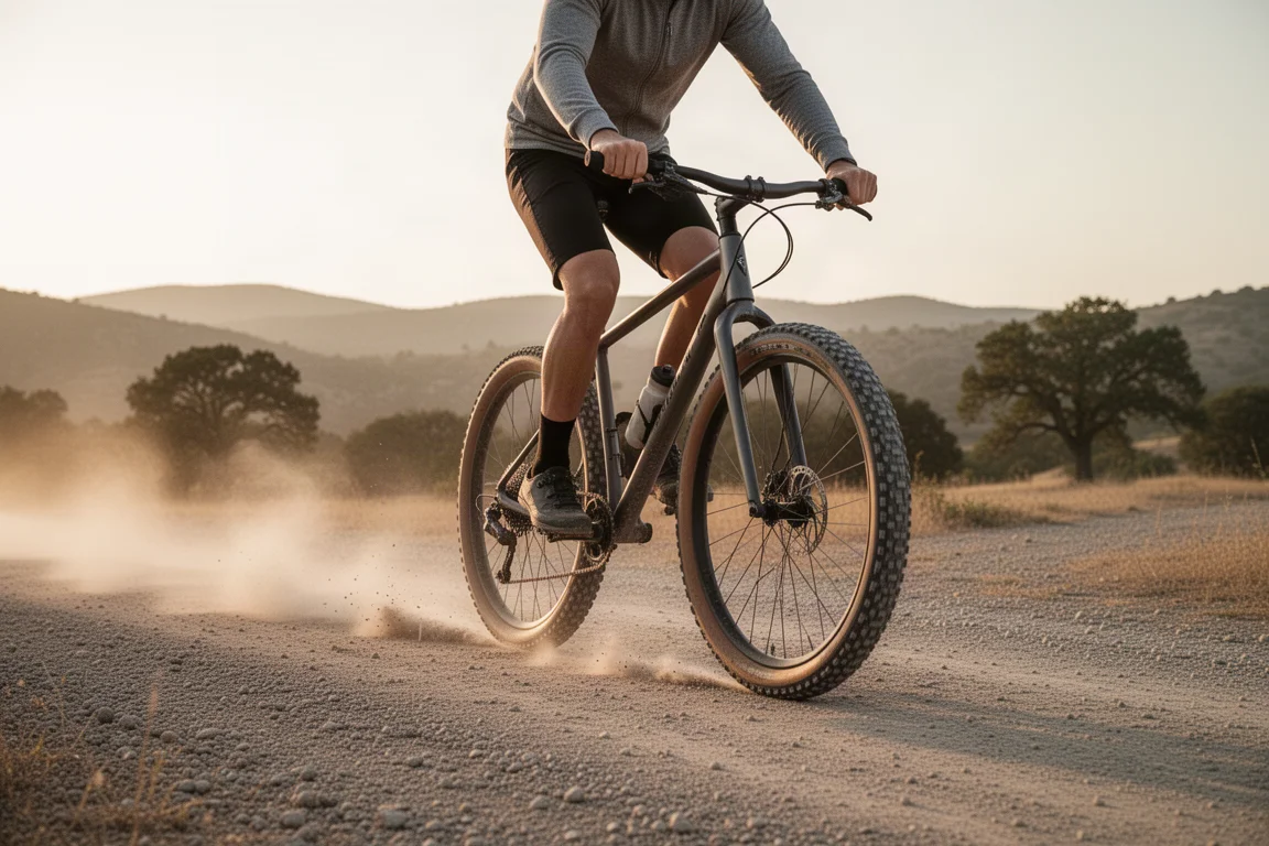 Ciclista en una bici gravel de manillar drop en una pista de grava a la hora dorada