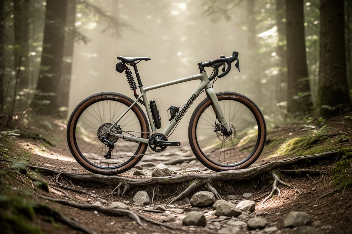 Bici gravel de manillar drop con suspensión trasera cruzando una pista forestal irregular