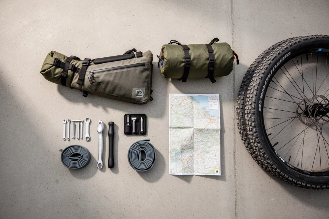 Vista cenital de bolsas de bikepacking, herramientas y un neumático gravel ancho