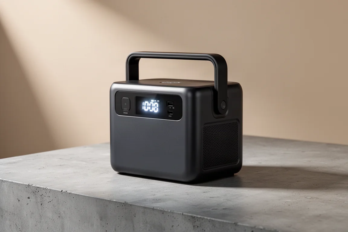 Compact dark portable power station with glowing display on concrete surface