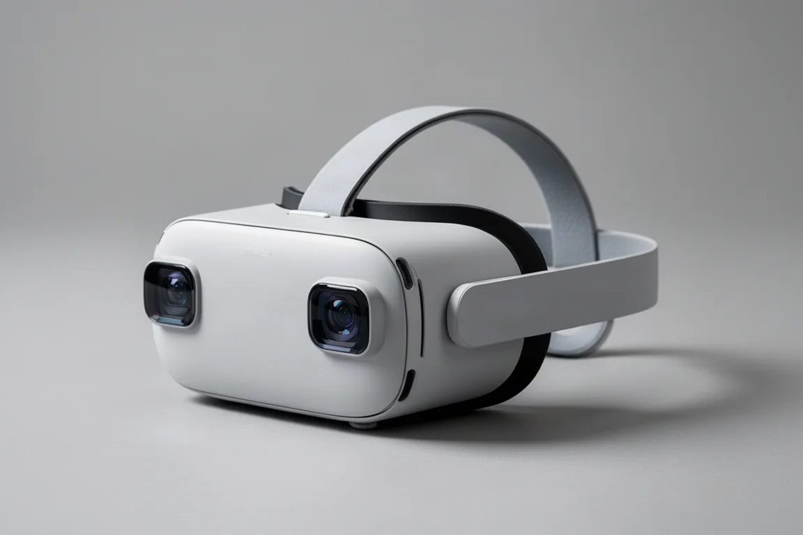트리플 모니터와 시트 위 VR 헤드셋이 있는 시뮬레이션 레이싱 콕핏