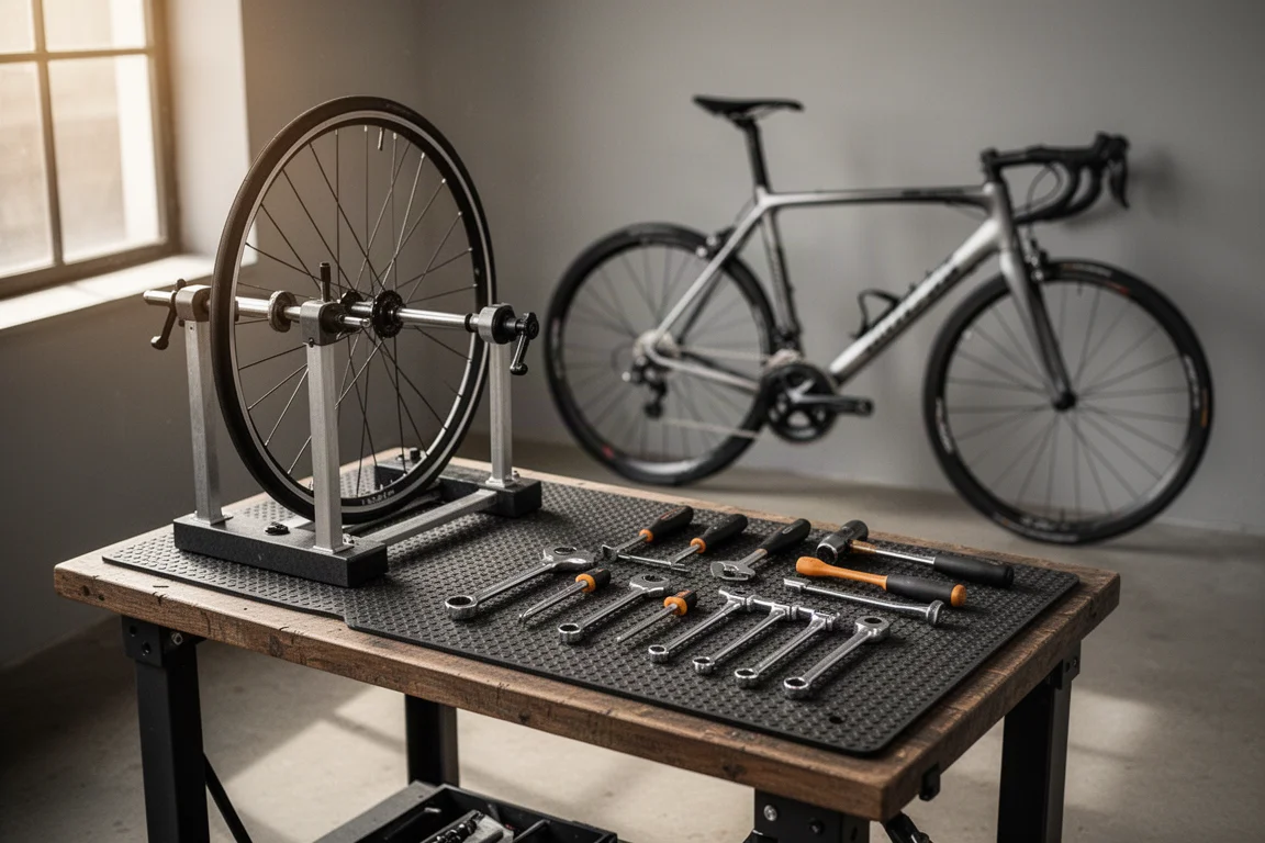 Tidy bicycle workshop bench with hand tools, a wheel stand and a partly assembled road bike