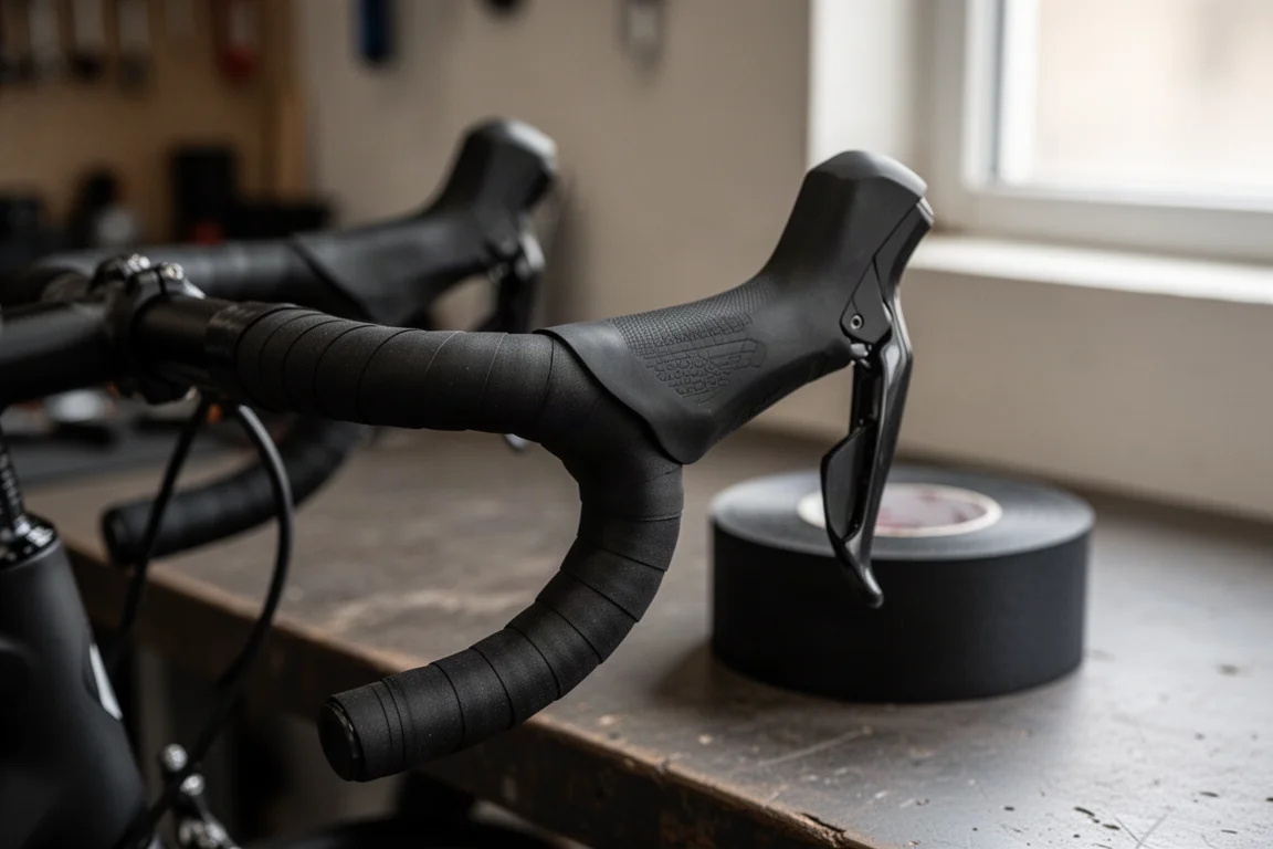 Freshly wrapped matte black handlebar tape running neatly into a brake lever hood