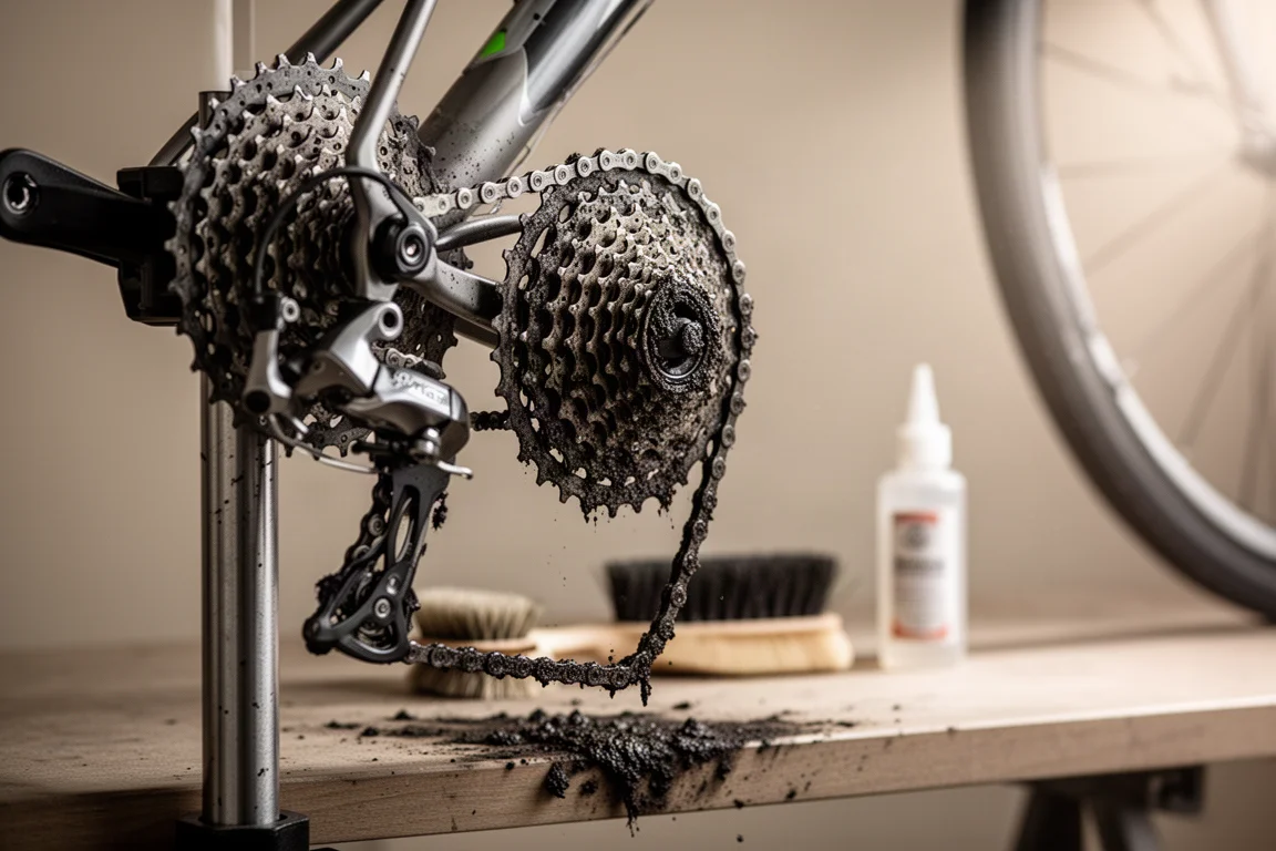 Grimy bicycle drivetrain on a repair stand with a cleaning brush nearby