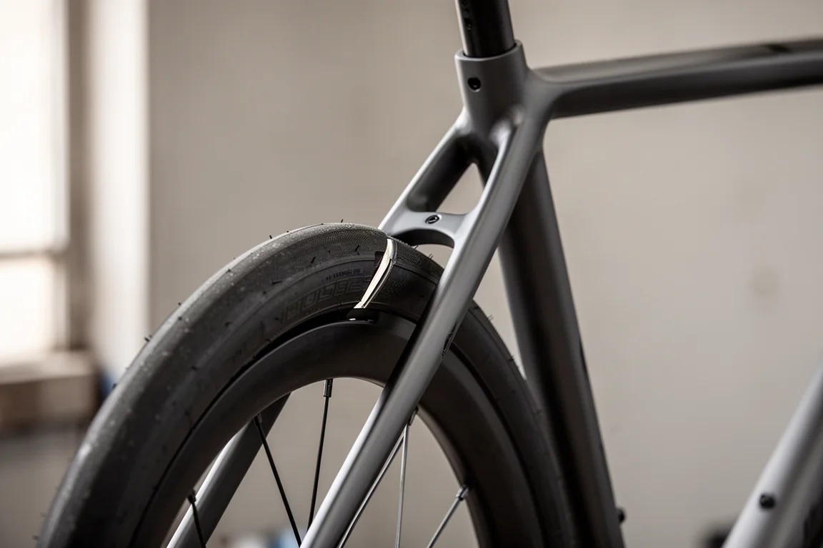Close-up of the gap between a wide road tyre and a bicycle frame seat stay