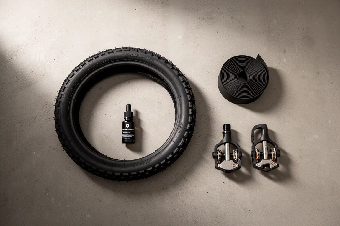 Flat lay of a road tyre, handlebar tape, chain lubricant and pedals on concrete