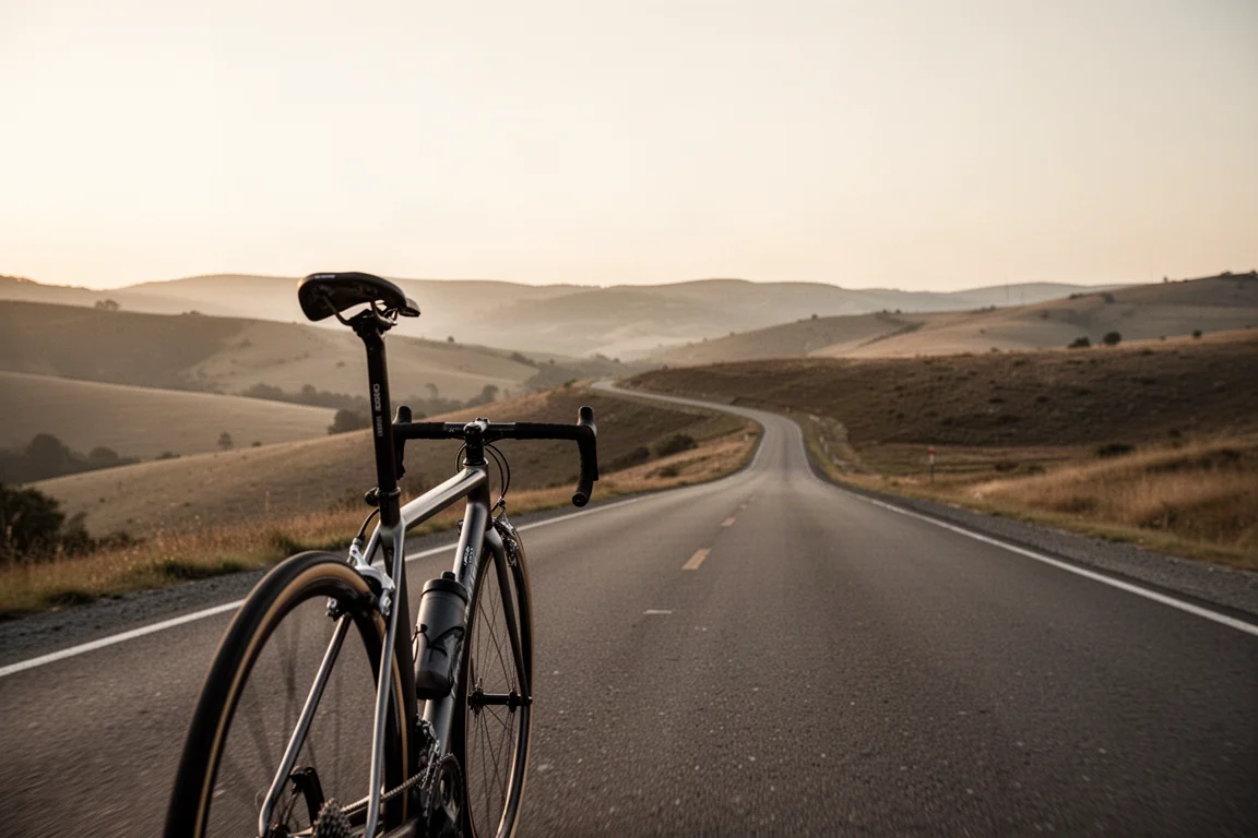 Cyclist climbing a long road gradient at golden hour, seen from behind