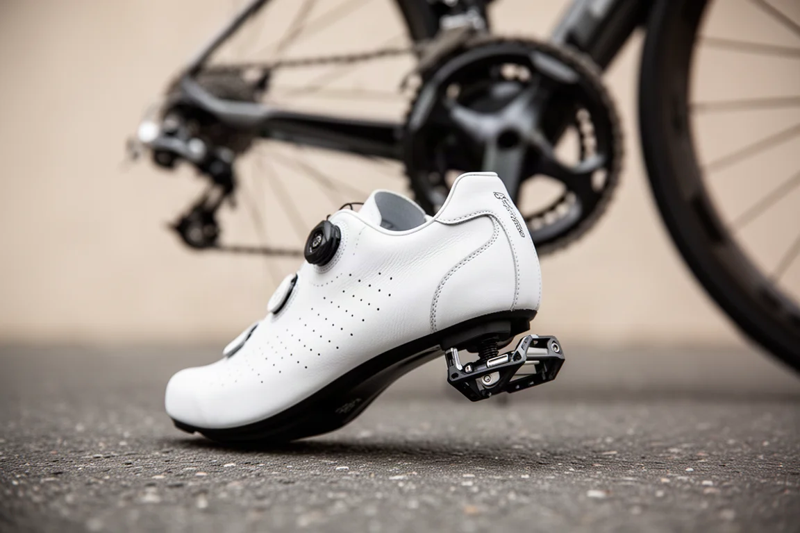 Close view of a white leather cycling shoe on a pedal