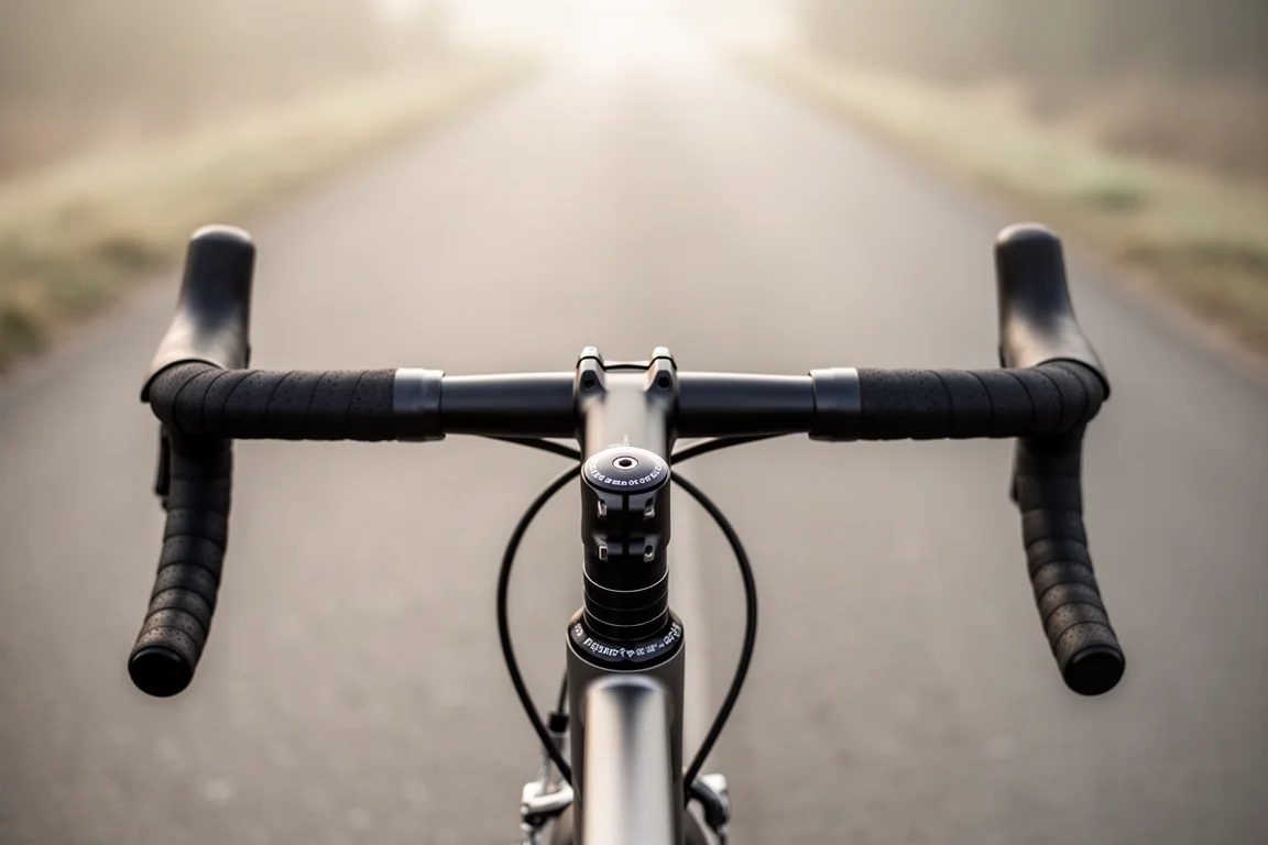 View over narrow road bike handlebars on a quiet morning road