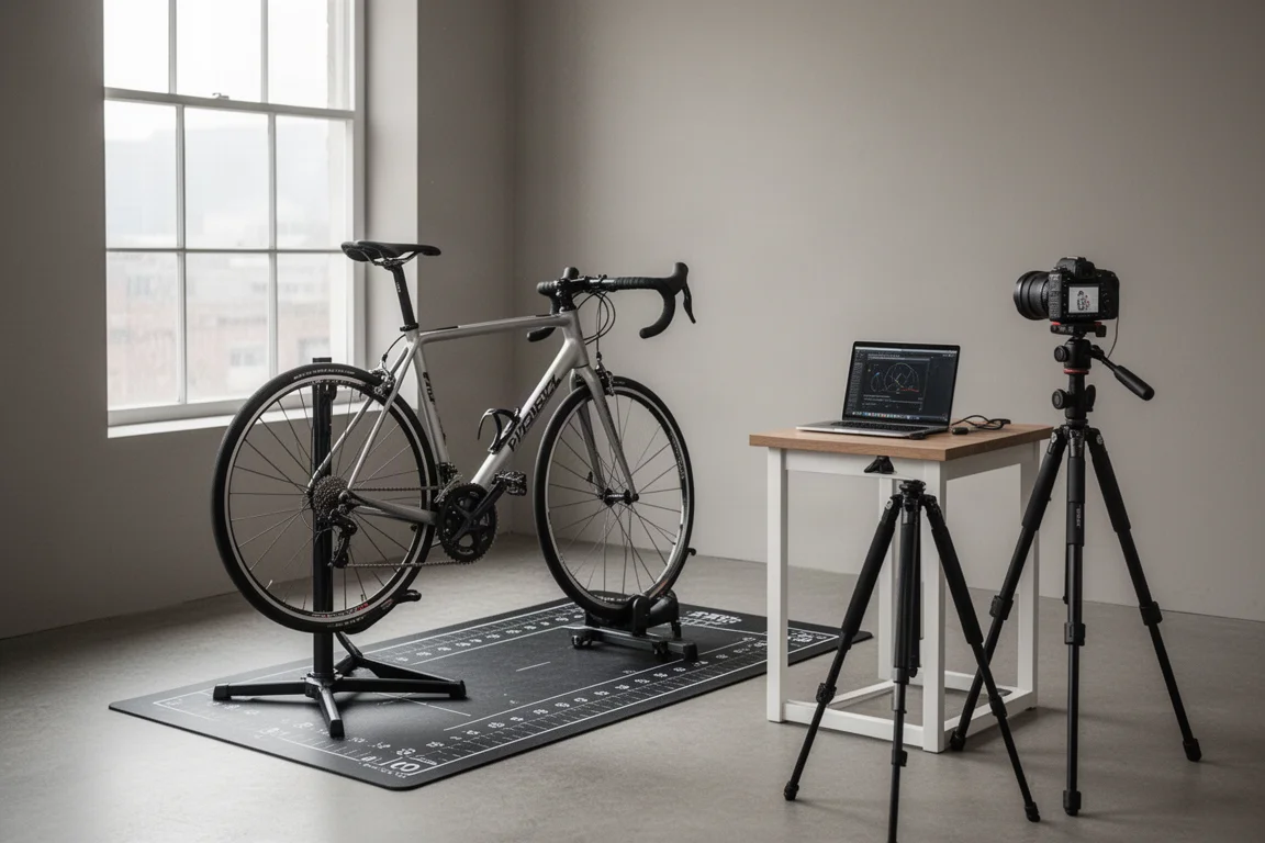 Bike fitting studio with a bike on a stand and a camera on a tripod