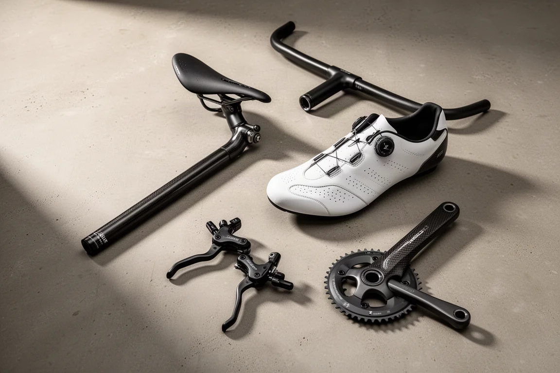 Bike fit components arranged on a concrete surface, including a carbon seatpost, handlebar, white shoe and crank arms