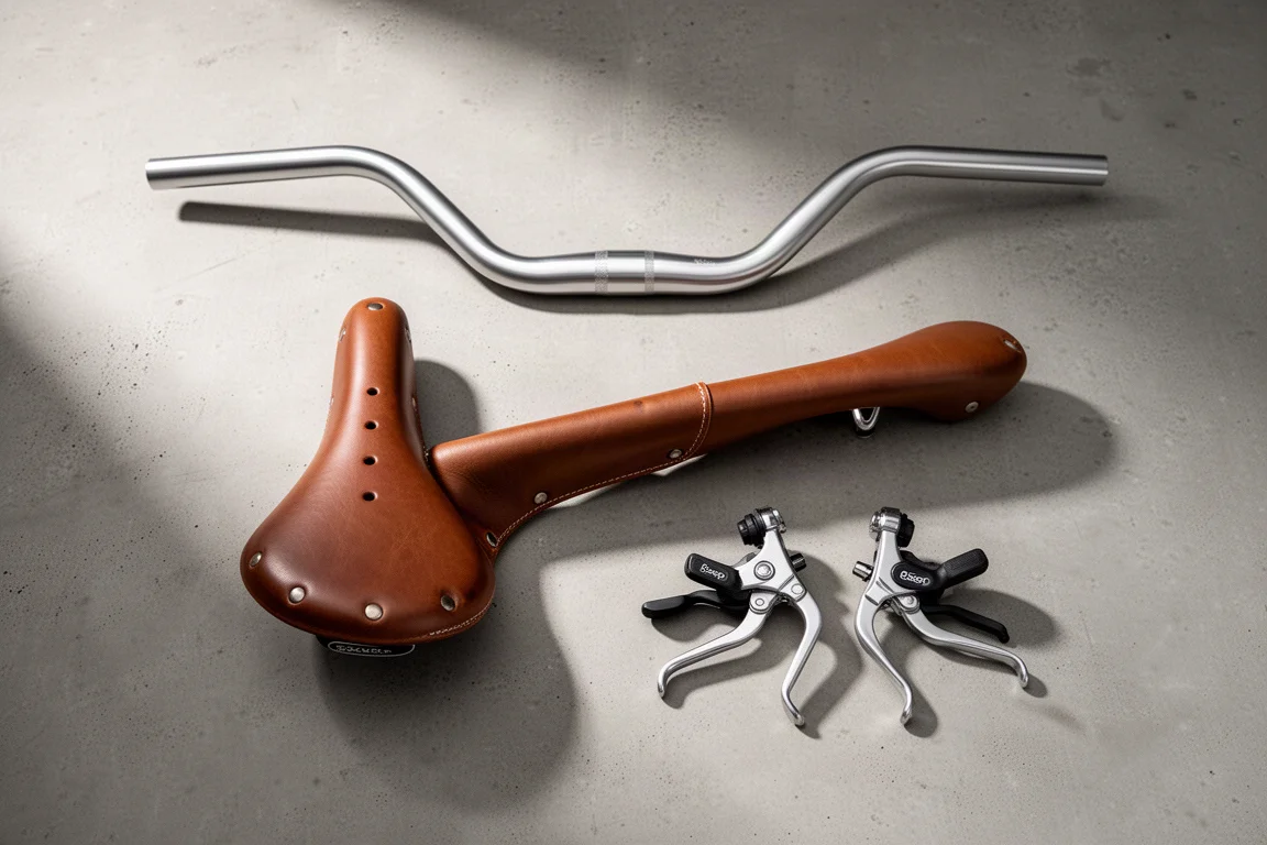 Road handlebar, leather hammock saddle and 8-speed brake-shift levers arranged on concrete