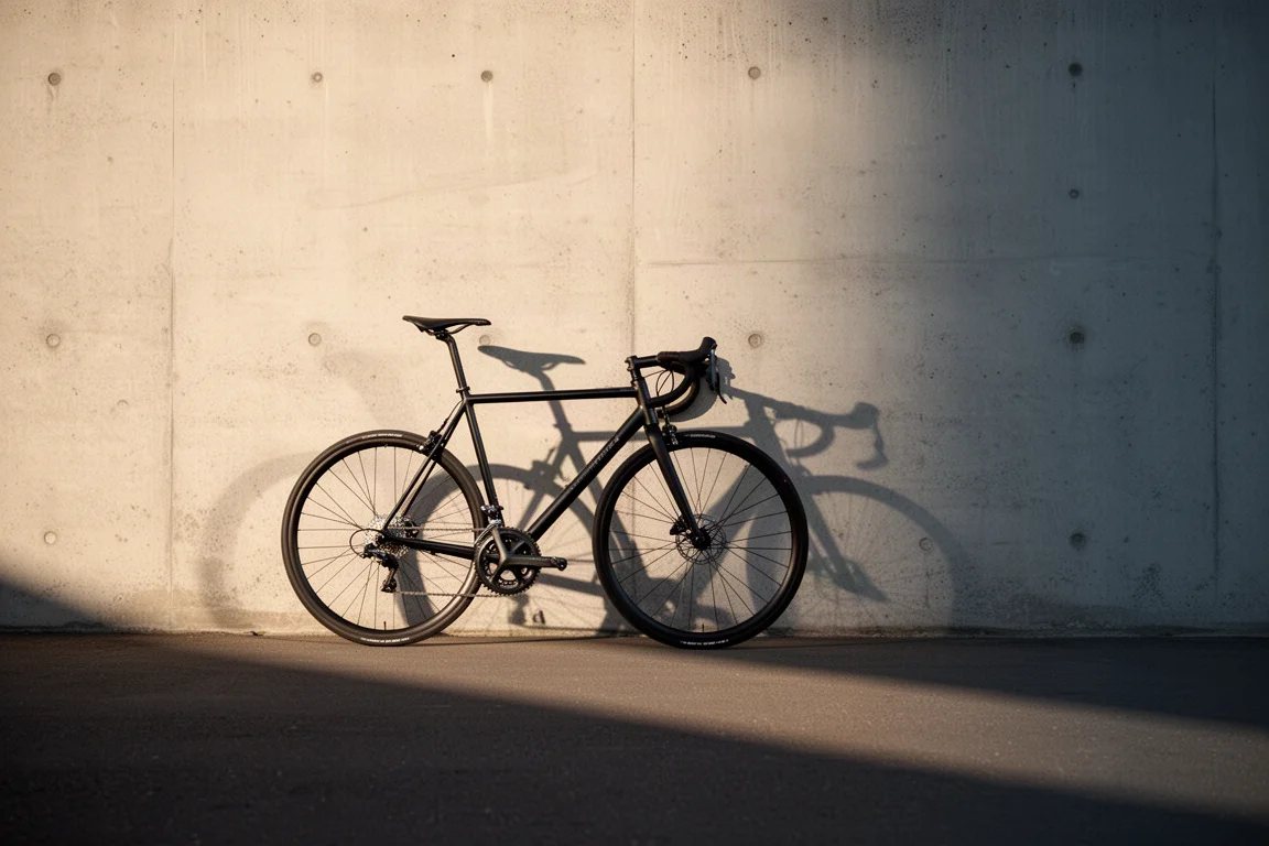 Bici da strada appoggiata a una parete di cemento grezzo nella luce morbida del mattino