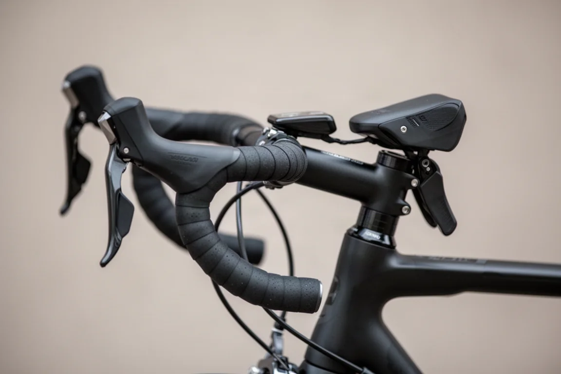 Primo piano del cockpit di una bici da strada con manubrio, attacco e posizione dei comandi