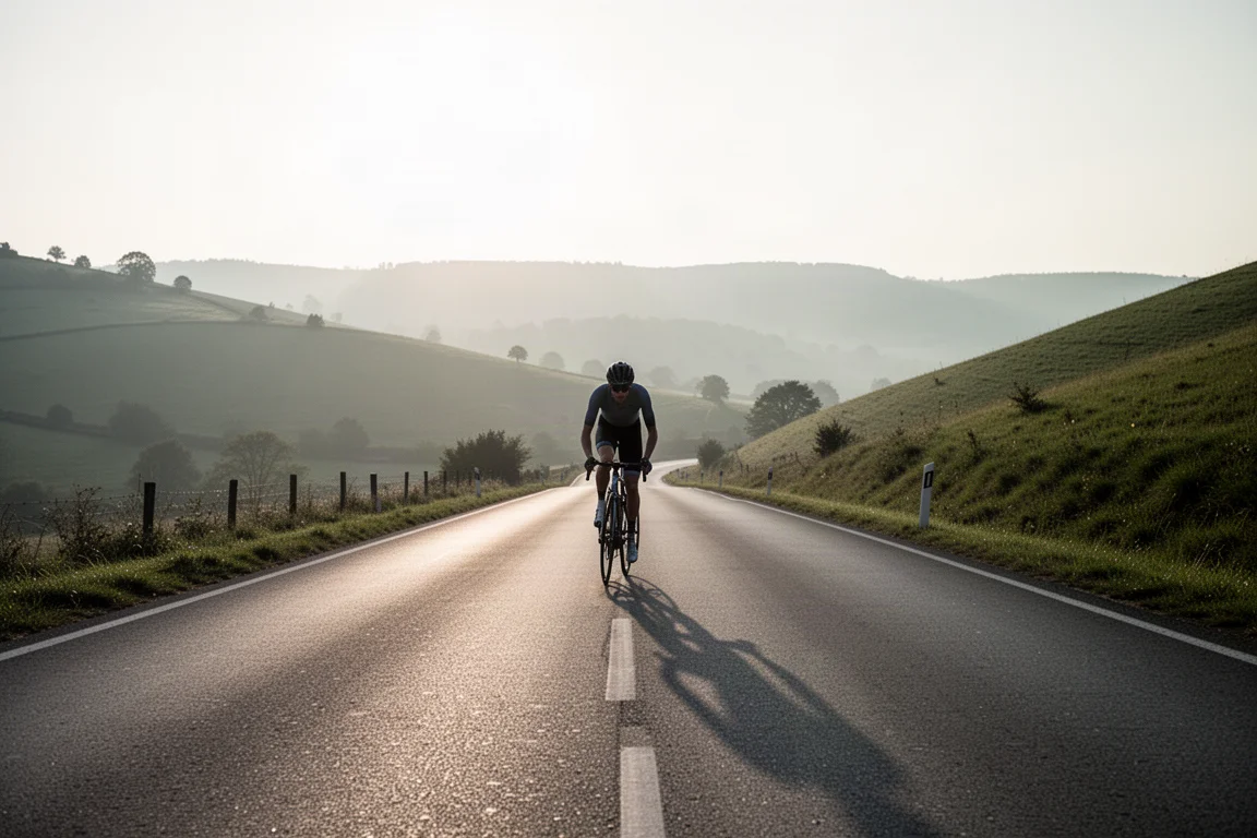 Ciclista su bici da strada lungo una salita di campagna tranquilla con sole basso