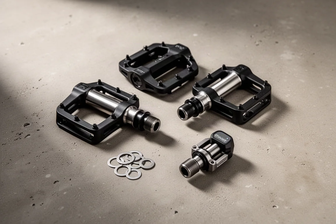 Cycling pedal hardware, washers, and a power meter spindle laid out on concrete