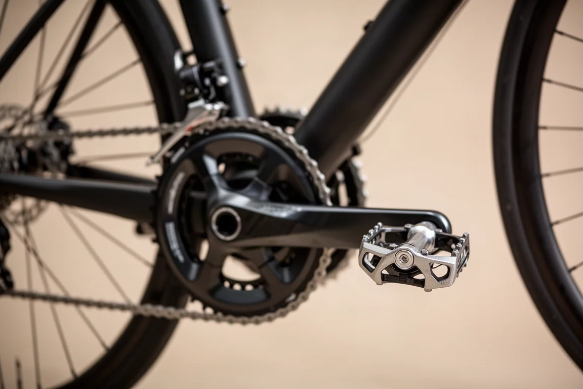 Detaljfattig bild av en vevarm och pedal på en racercykel nära vevlagret
