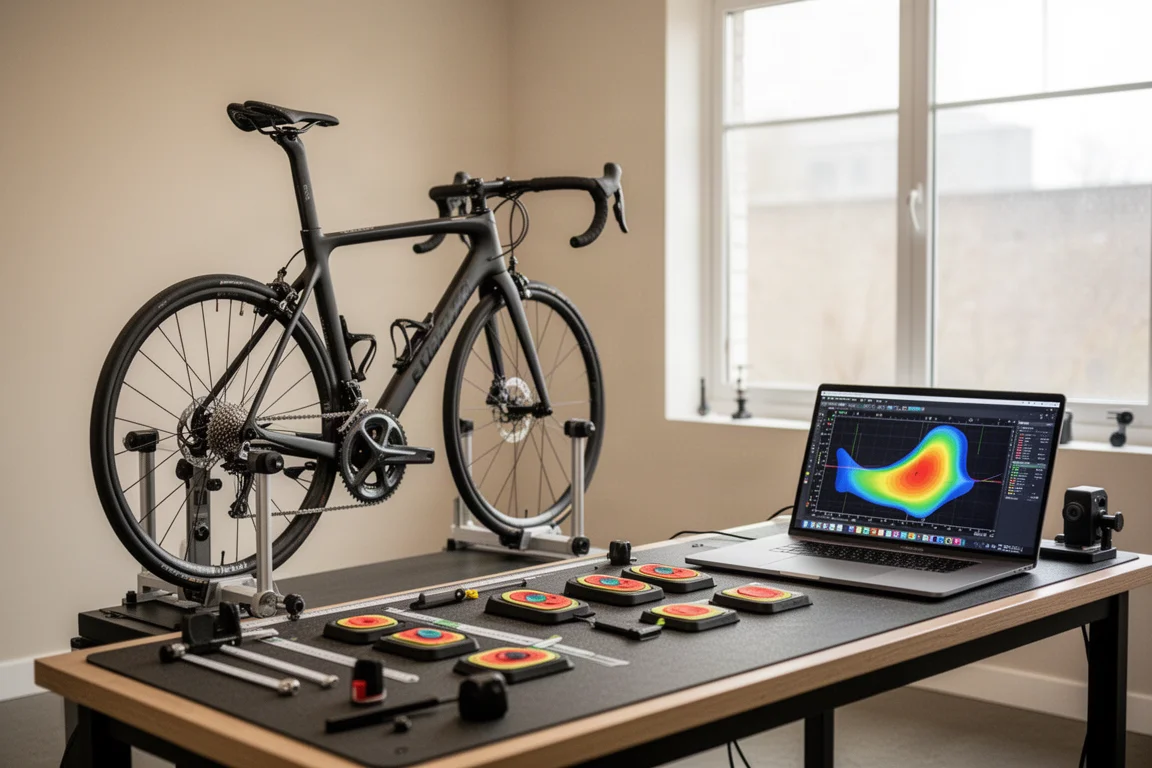 Estúdio de bike fit com uma bike de estrada em um gabarito de fit e ferramentas sobre a bancada