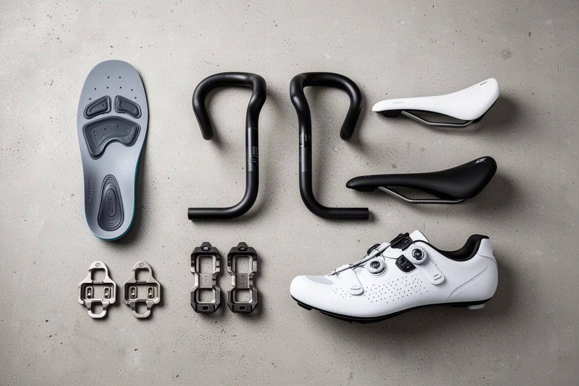 Vista aérea de flat-lay de acessórios de bike fit dispostos sobre concreto