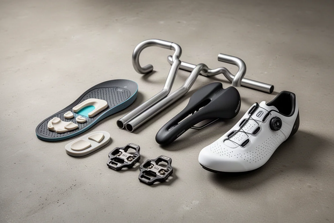 Cycling fit equipment including footbed, handlebars, saddle, cleats and shoe arranged on concrete