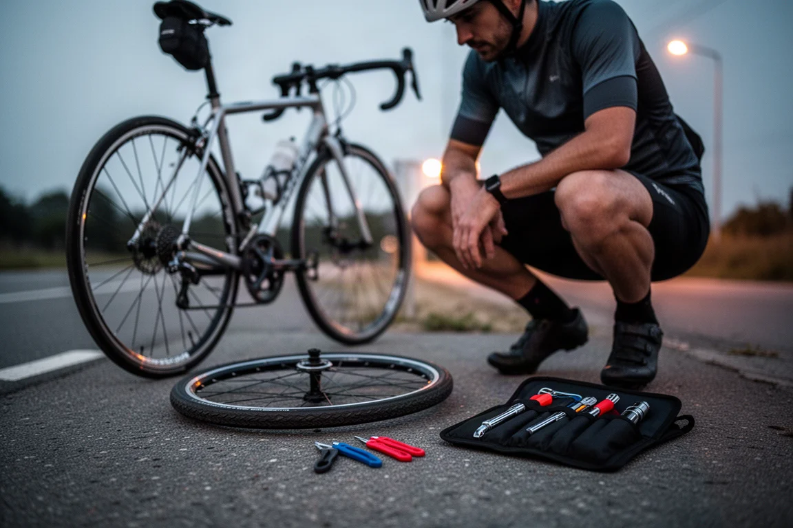 Ciclista che ripara una foratura sul ciglio della strada al crepuscolo con gli attrezzi disposti sull'asfalto