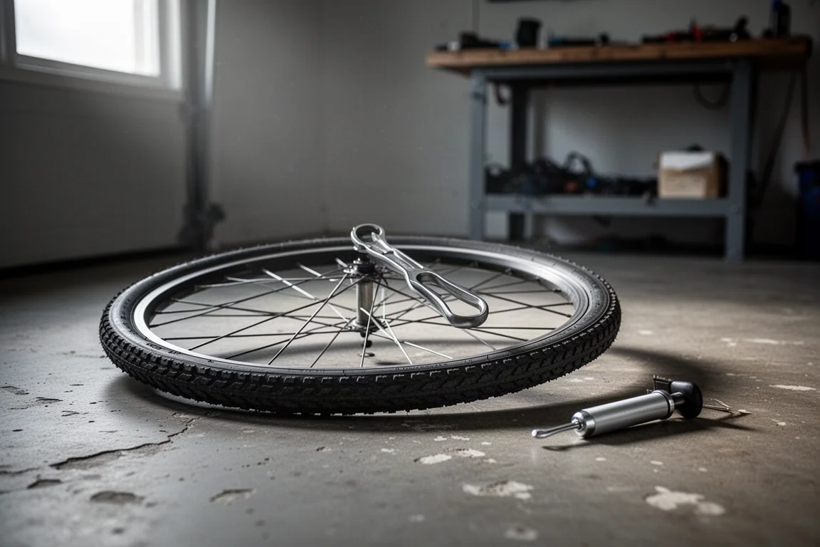 Ruota di bici sul pavimento di un garage con una leva smontacopertone e una pompa a mano accanto