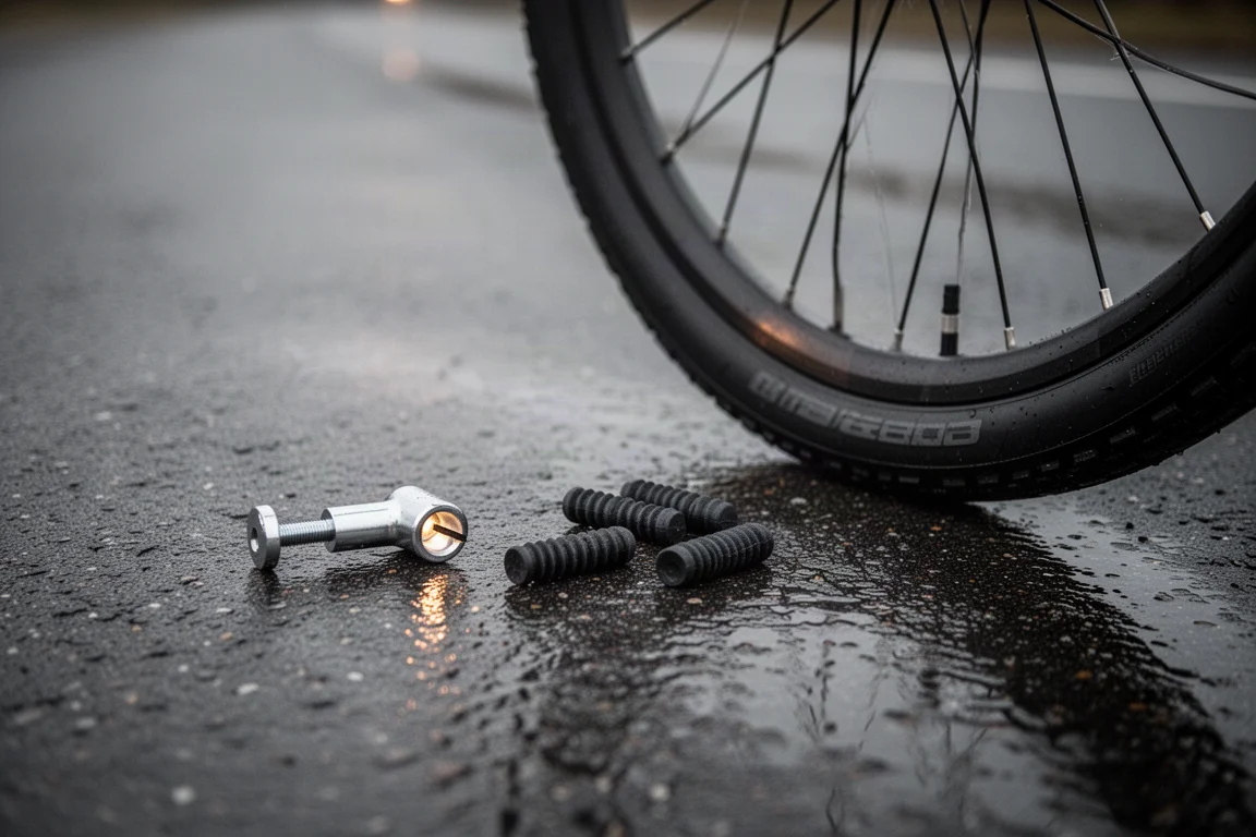 Cena de reparo na estrada com ferramenta de plugue metálica e plugues de borracha ao lado de uma roda de bicicleta