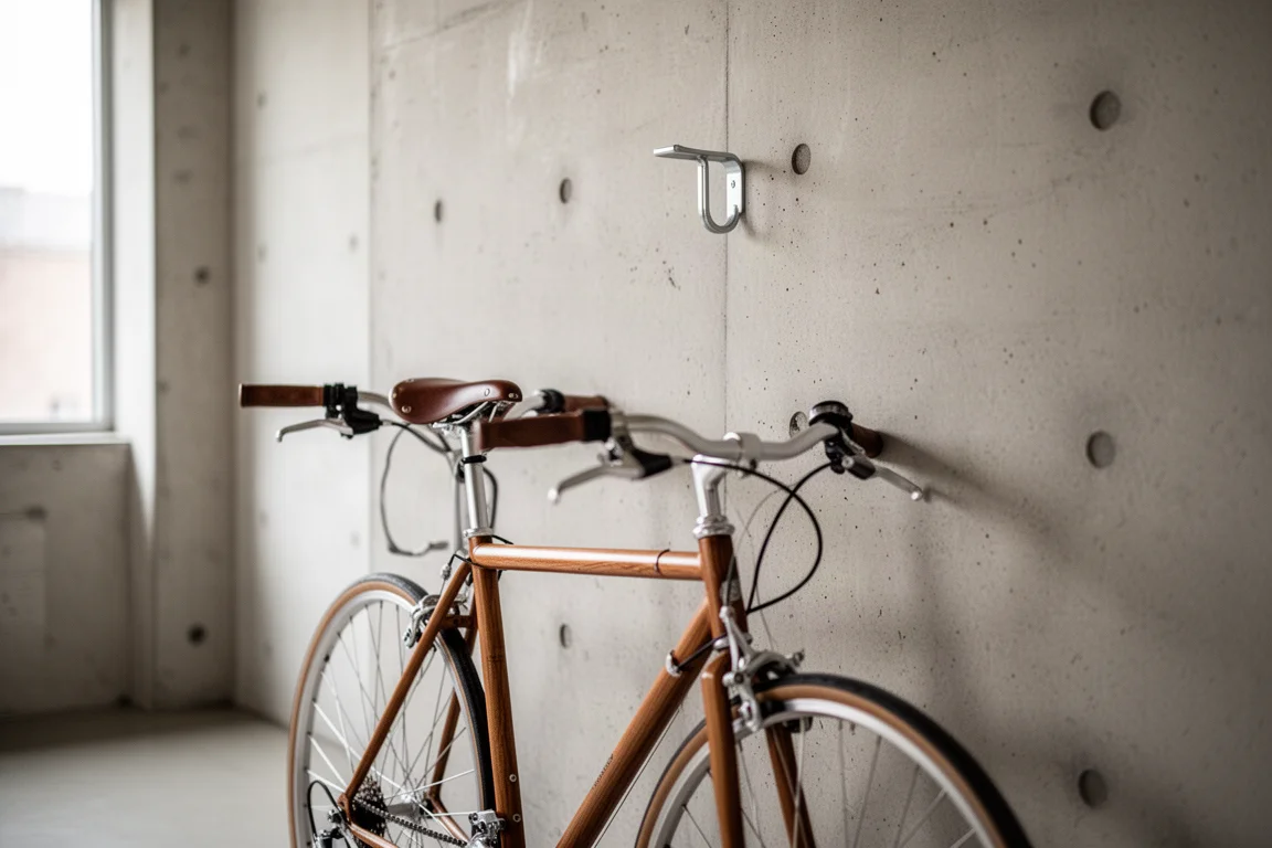 Bicicleta de commuter apoiada contra uma parede de concreto sob um pequeno gancho de aço