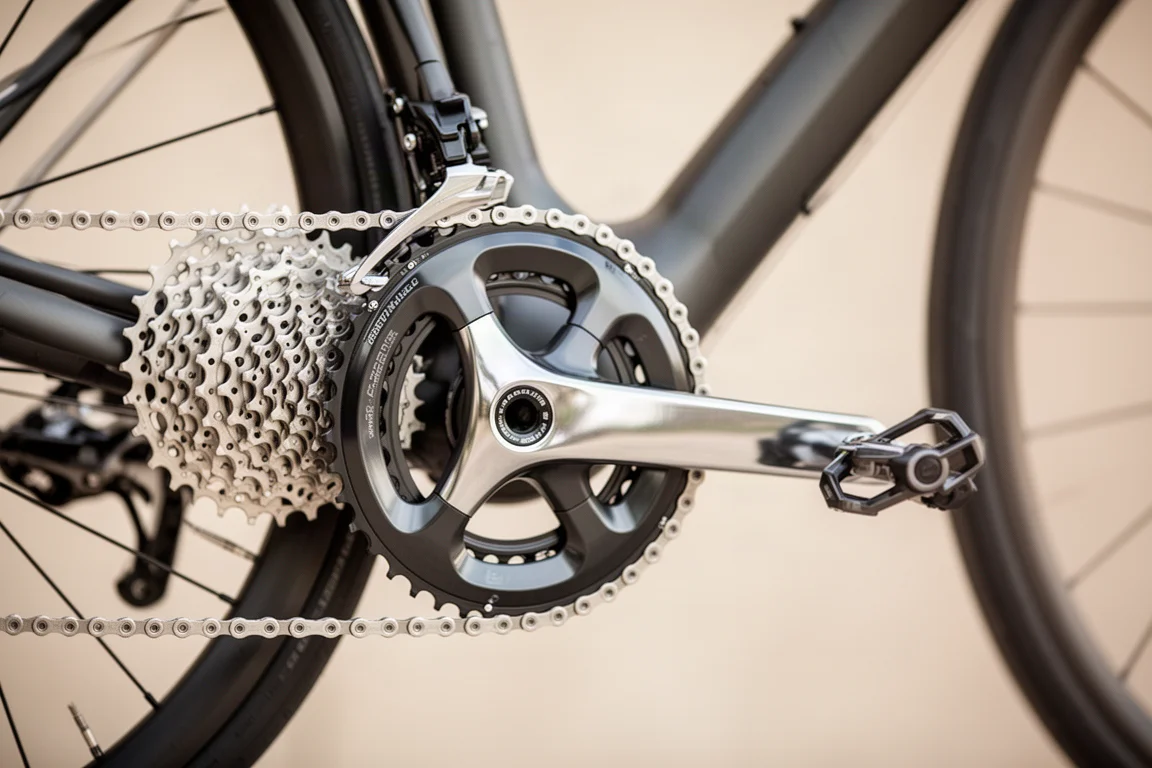 Close-up of a road bike crankset, chain and rear derailleur in soft daylight