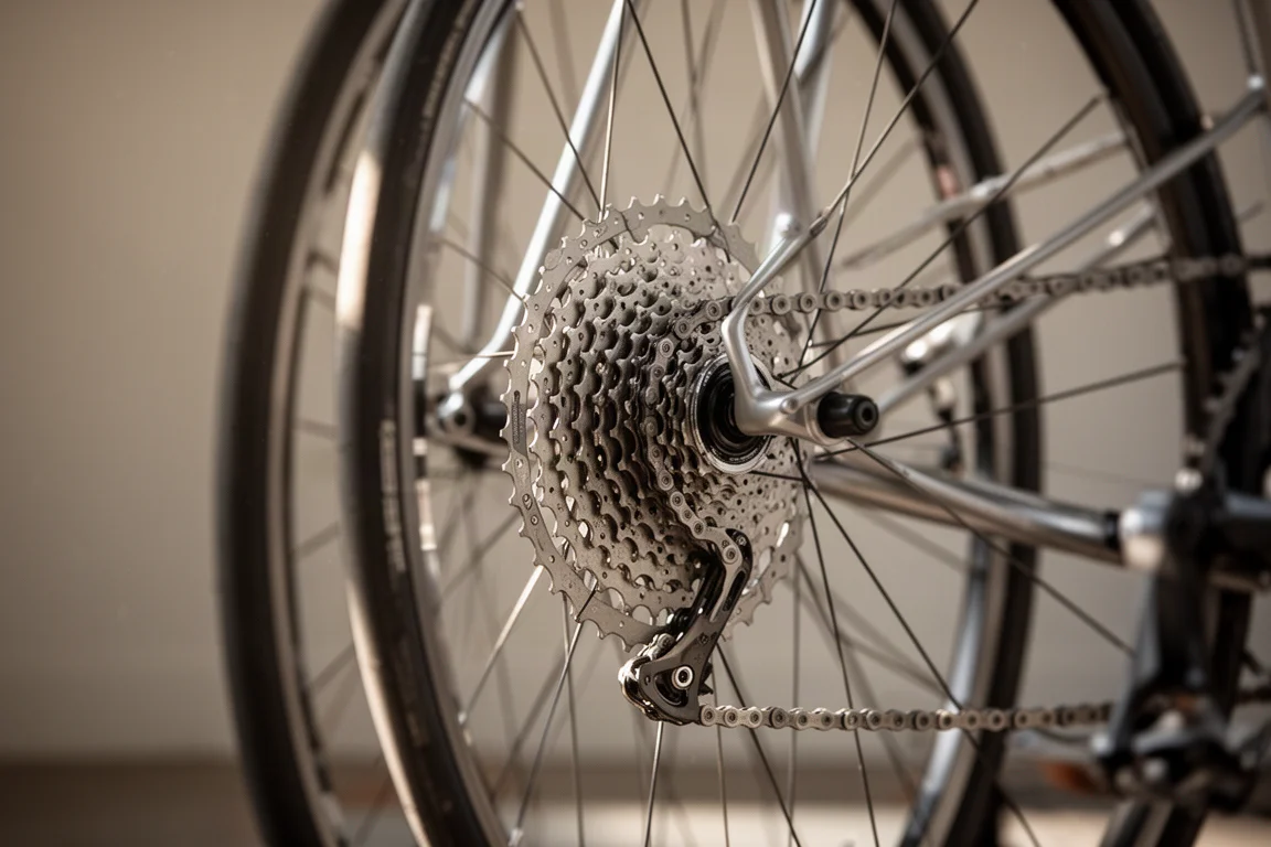Close-up of a road bike cassette and chain with sprockets of different sizes