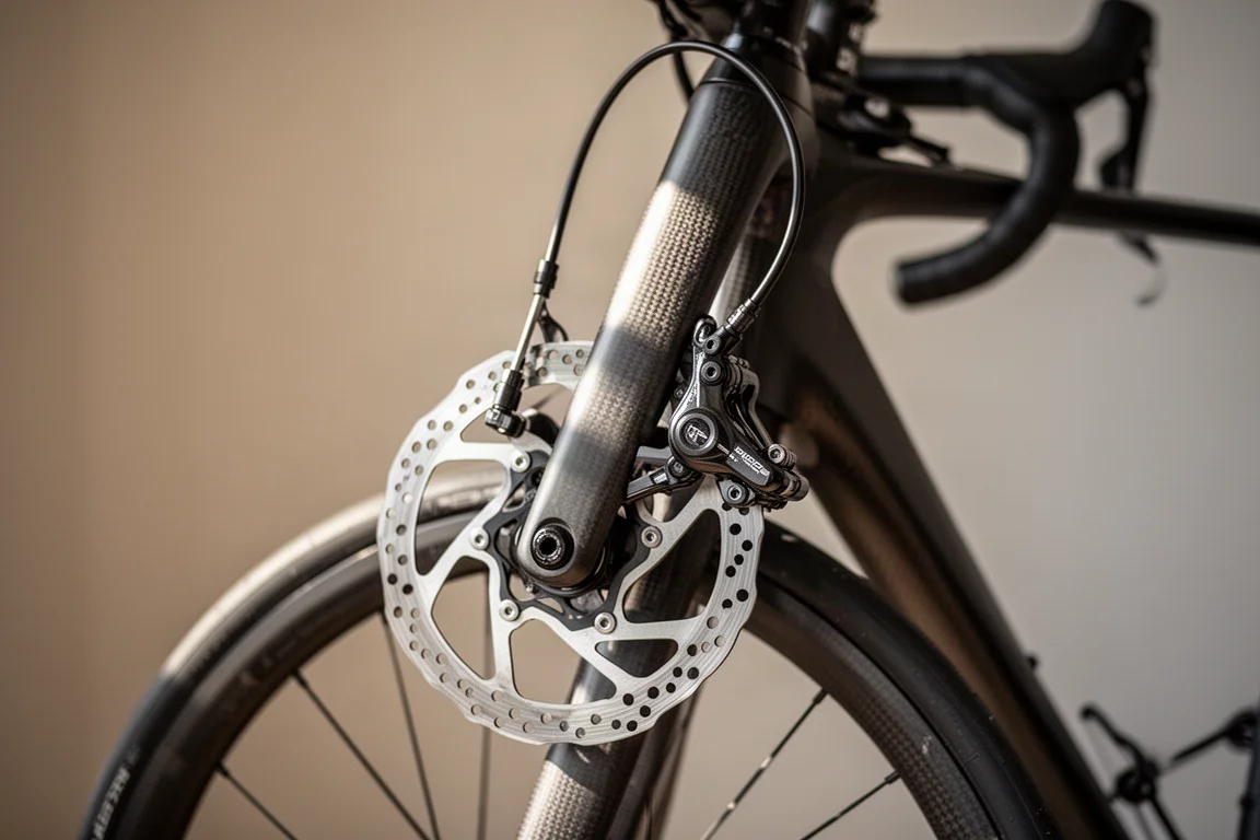 Disc brake rotor and hydraulic caliper on a road bike carbon fork