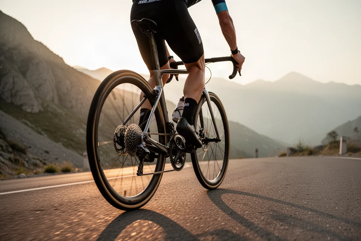 Road cyclist climbing a mountain pass at golden hour, seen from behind