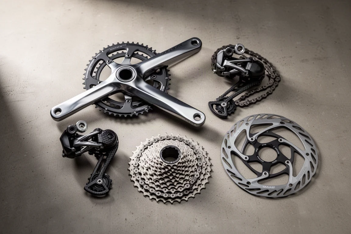 コンクリート上のロードバイク用グループセット部品（クランクセット、ディレイラー、カセット、ローター）