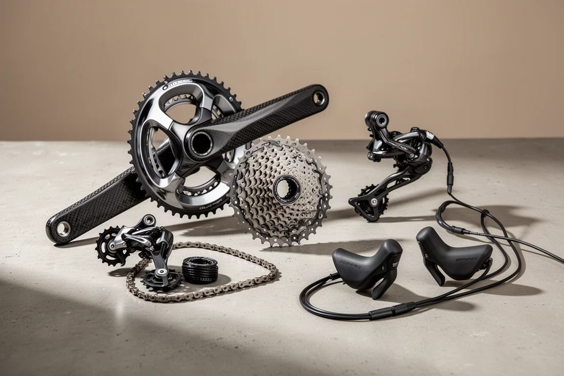 Assorted road bike drivetrain components arranged on a matte concrete surface