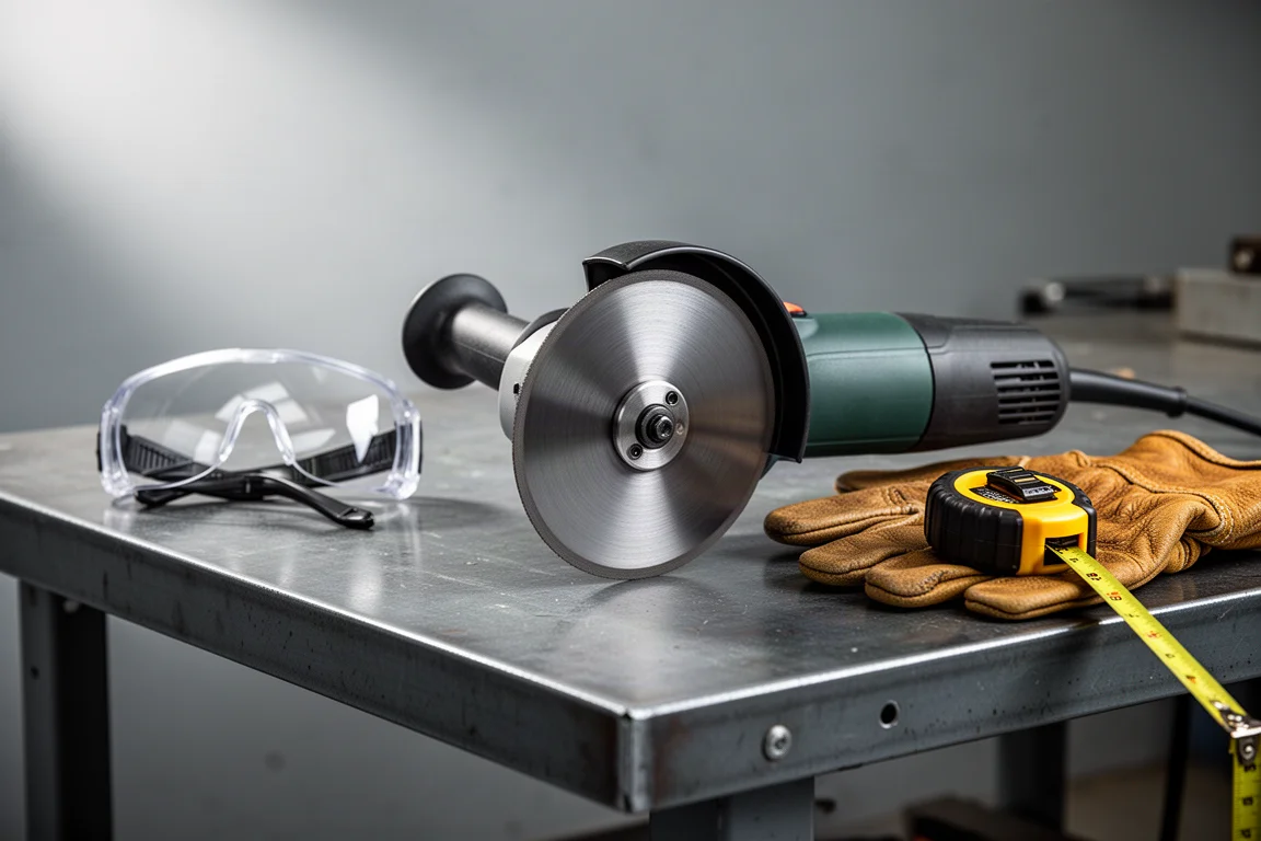 Angle grinder and safety gear resting on a steel workshop bench