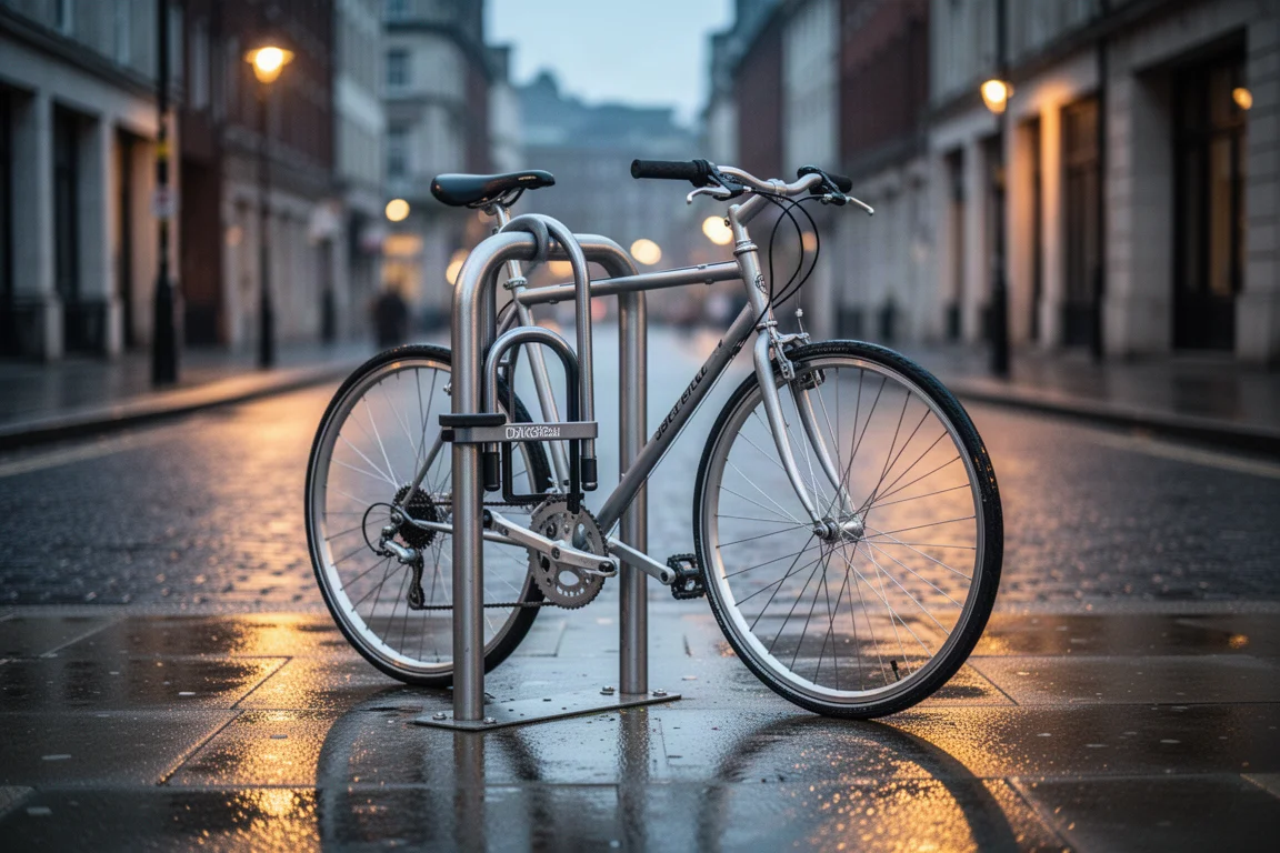 Bicycle locked to a street stand with a U-lock at dusk