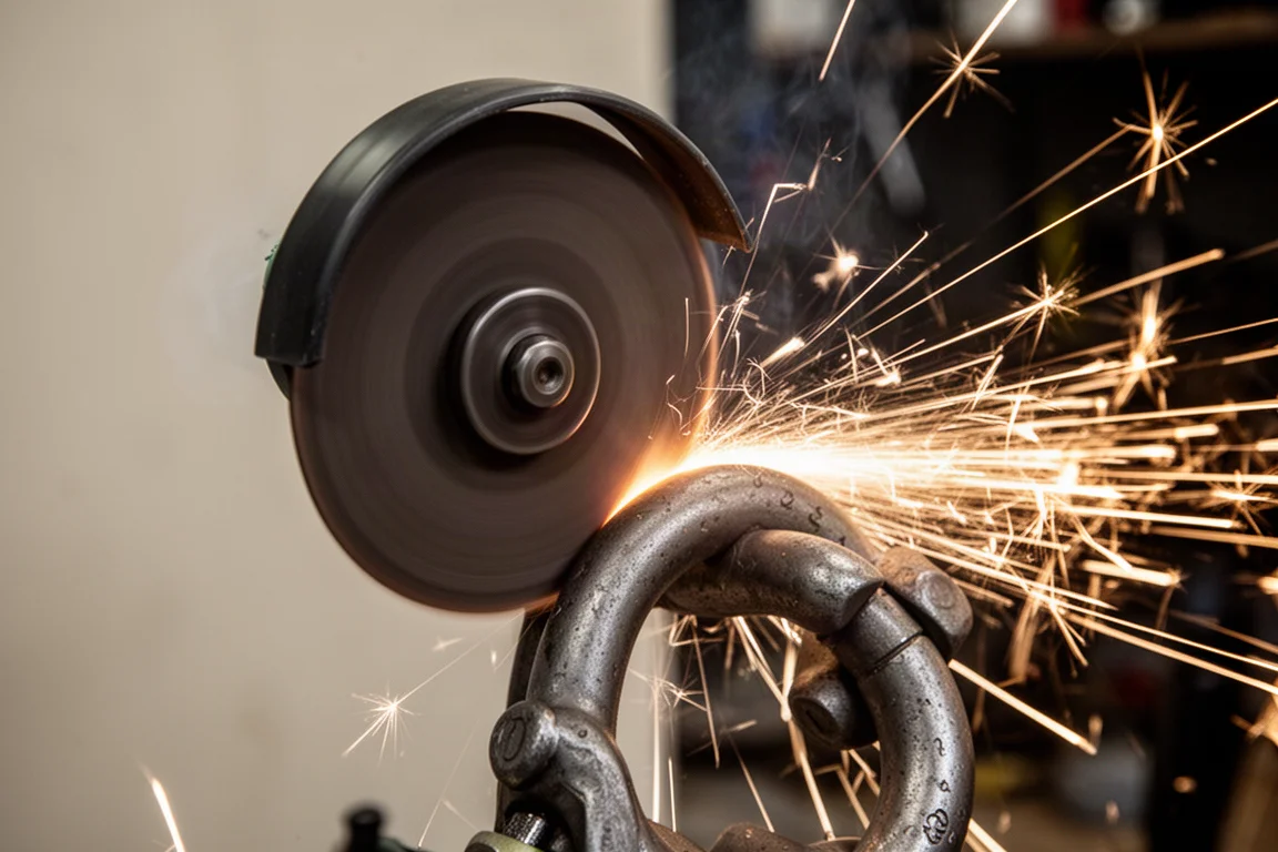Angle grinder disc cutting a lock shackle with sparks flying