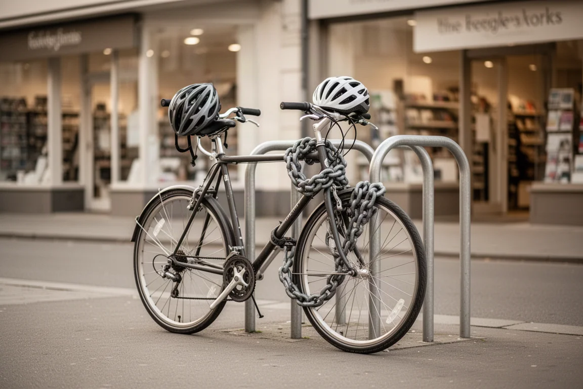 Commuter bike with chain lock and helmet parked outside a shop