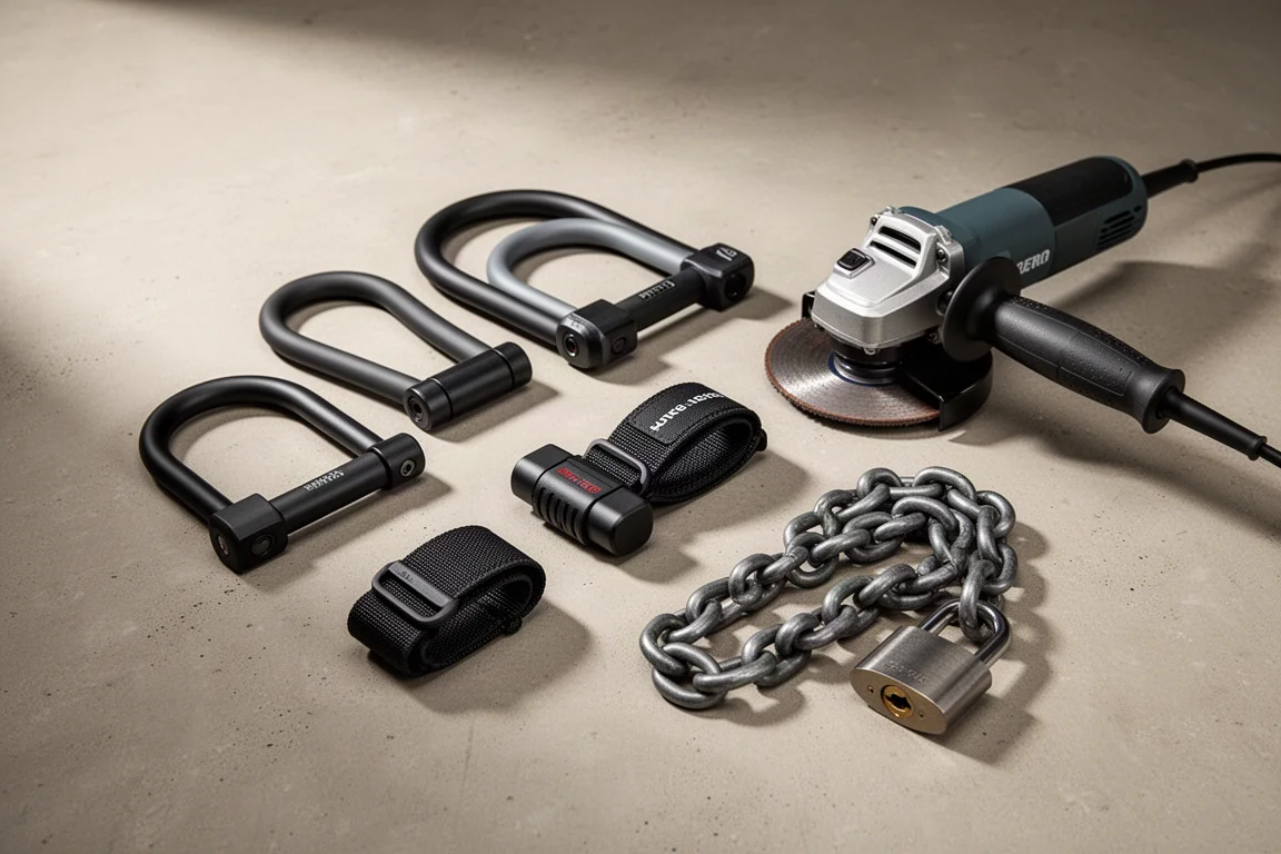 Assorted bicycle locks and an angle grinder arranged on a concrete surface