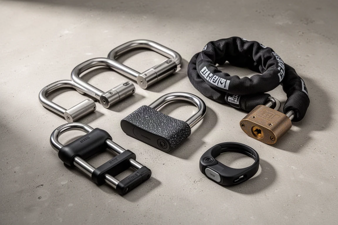 Collection of bike locks including several U-locks, a heavy chain, and a wearable lock on a concrete surface